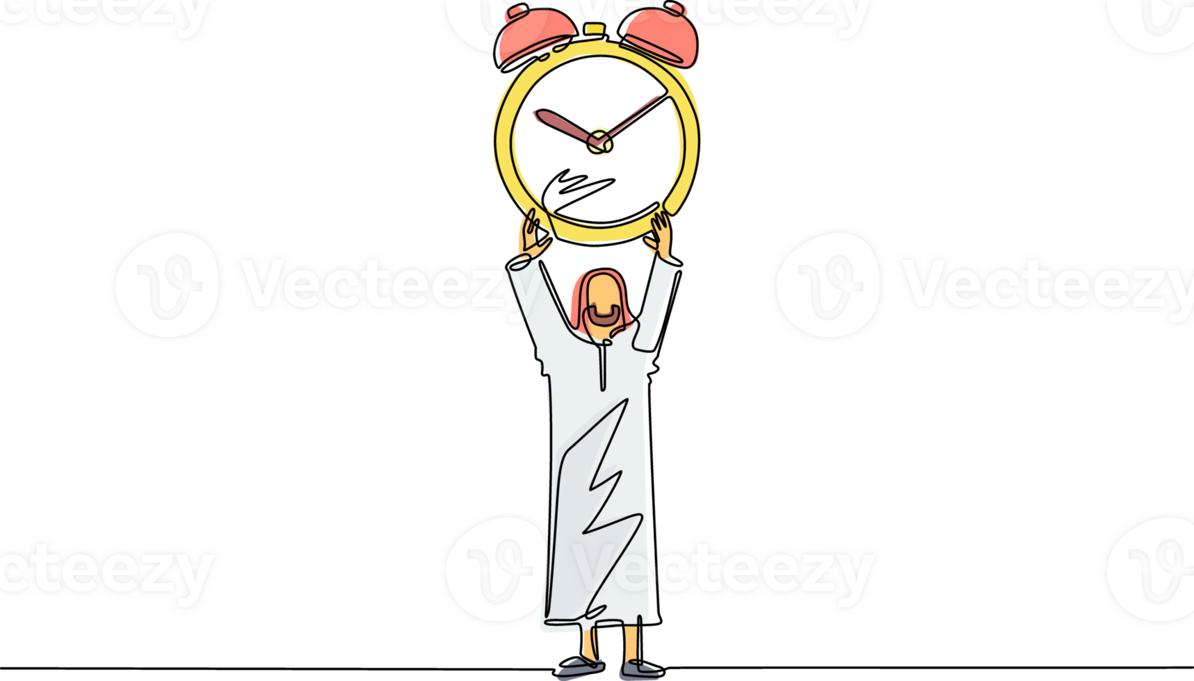Continuous one line drawing strong Arabian businessman raising alarm clock in hands. Time, watch, limited offer, deadline symbol. Time to work. Single line draw design graphic illustration png