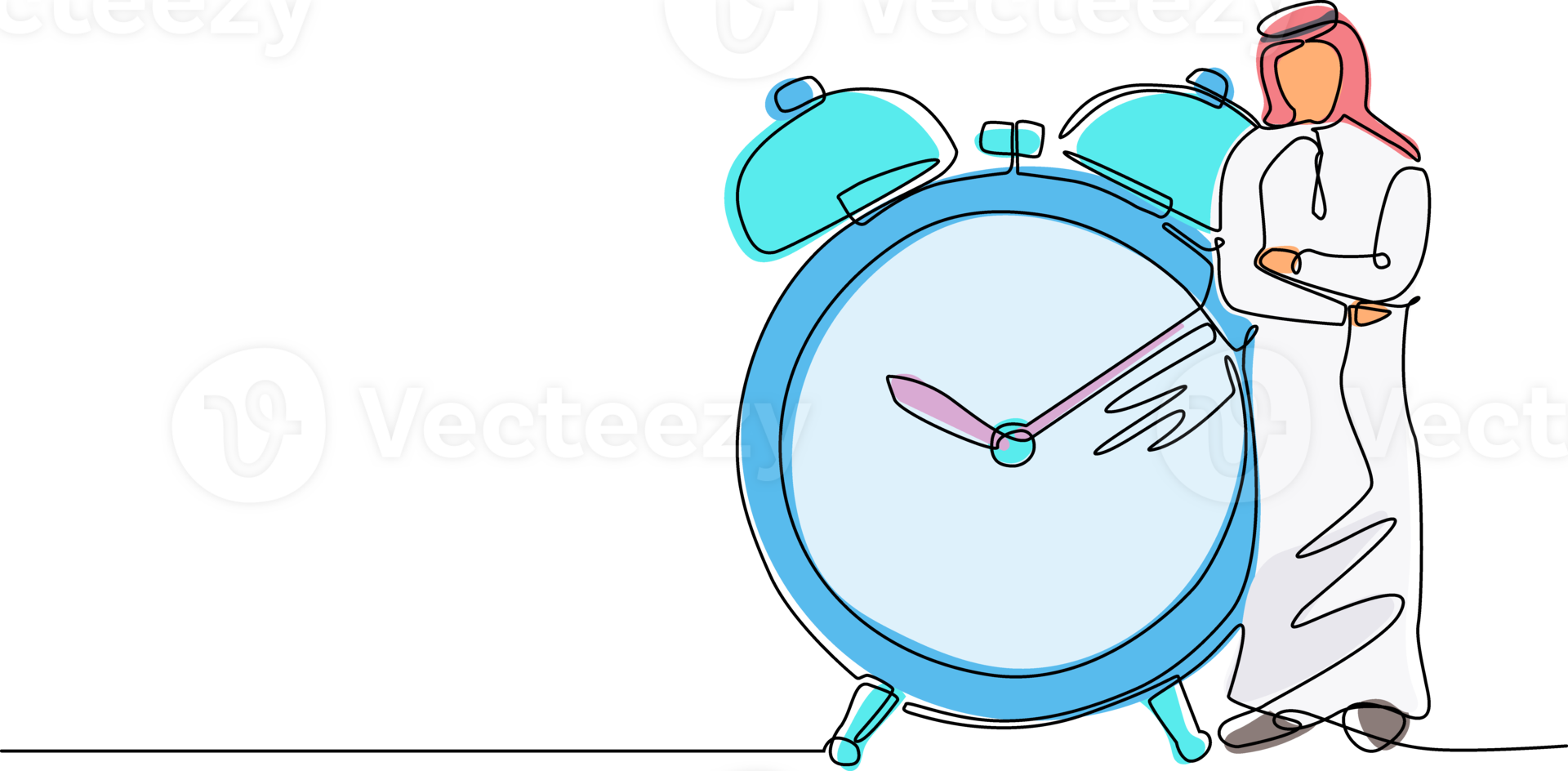 Continuous one line drawing Arabian businessman, manager or employee stand leaning to big clock. Concept of time management. Time, watch, limited offer, deadline symbol. Single line draw design png