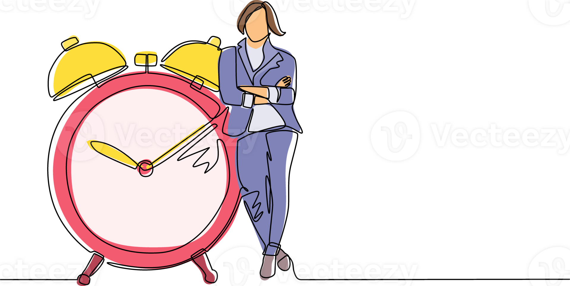 Single one line drawing cute businesswoman, manager or employee stand leaning to big clock. Concept of time management. Time, watch, limited offer, deadline symbol. Continuous line draw design png