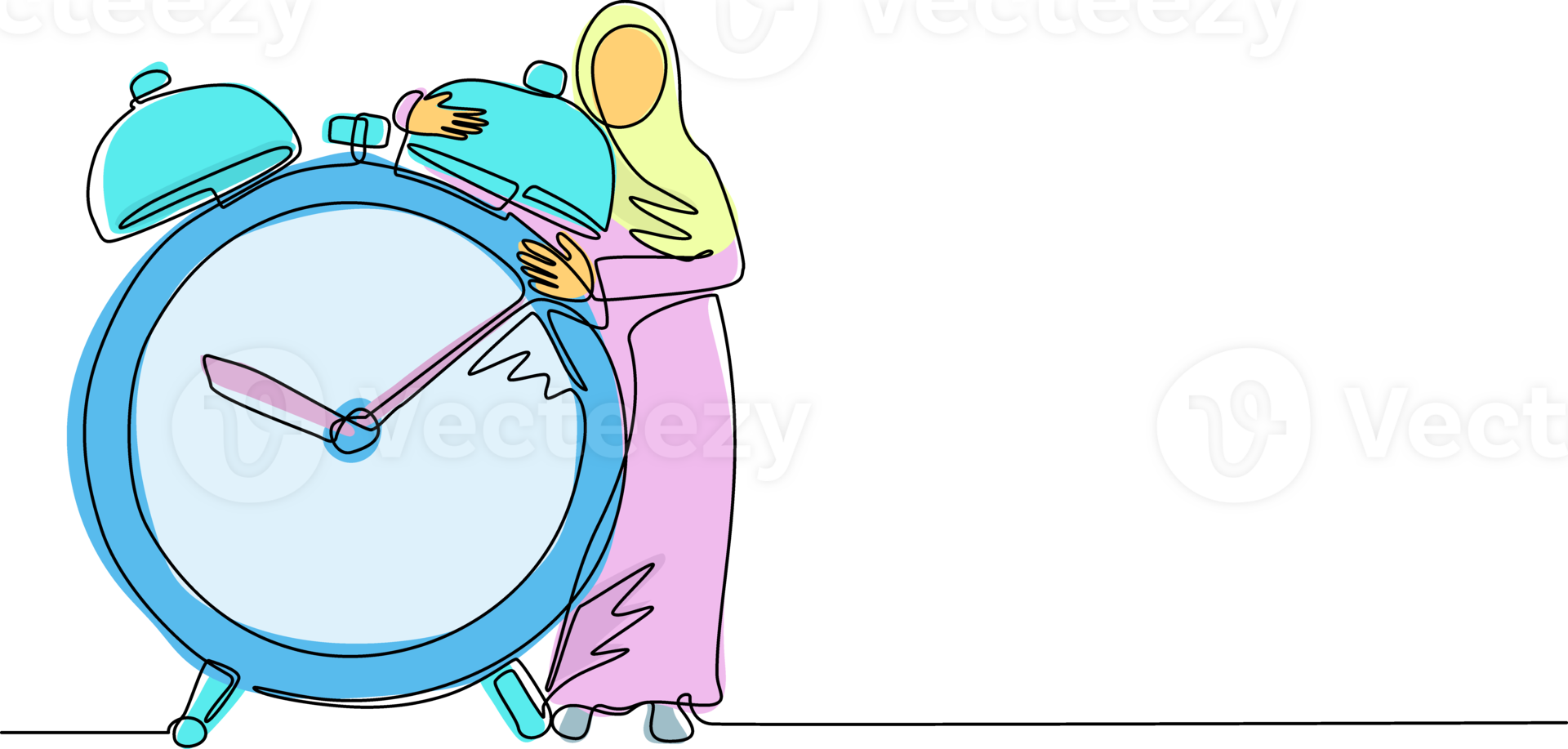 Continuous one line drawing Arabian businesswoman, manager or employee stand and hugging big clock. Concept of time management, watch, time to work. Single line draw design graphic illustration png