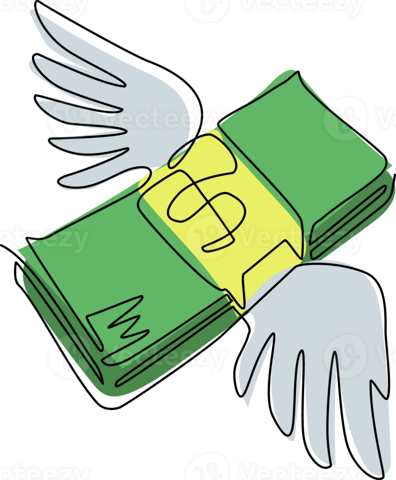 Continuous one line drawing flying money stacks of dollar banknotes. Budget Spending, Bill Expenses. Business, Financial concept. Winged American currency. Single line draw design illustration png
