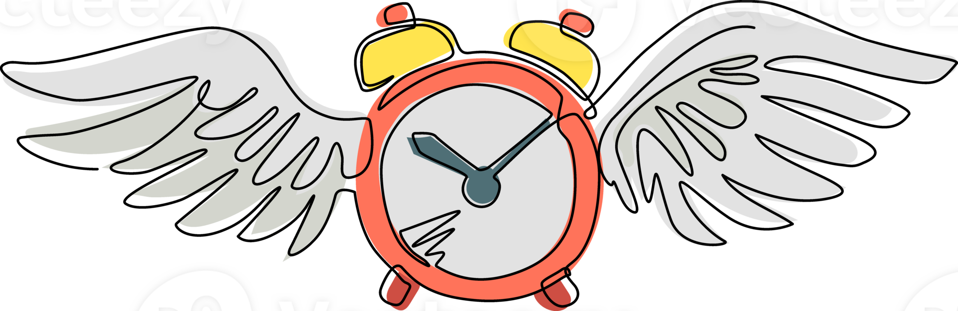 Single continuous line drawing time flies concept. Table alarm clock with wings. Flat flying clock. Time icon or symbol. Winged alarm clock flying in the sky. One line draw design illustration png