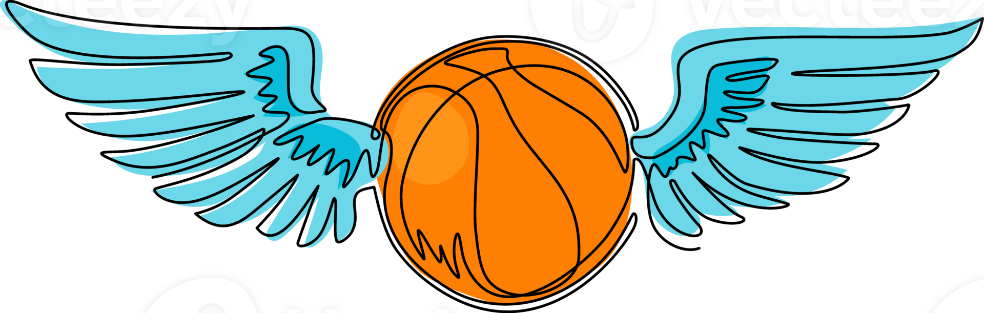 single doorlopend lijn tekening vliegend basketbal bal met Vleugels. basketbal embleem. vliegend bal. zwart en wit schets. logo voor de spel en team. dynamisch een lijn trek ontwerp illustratie png