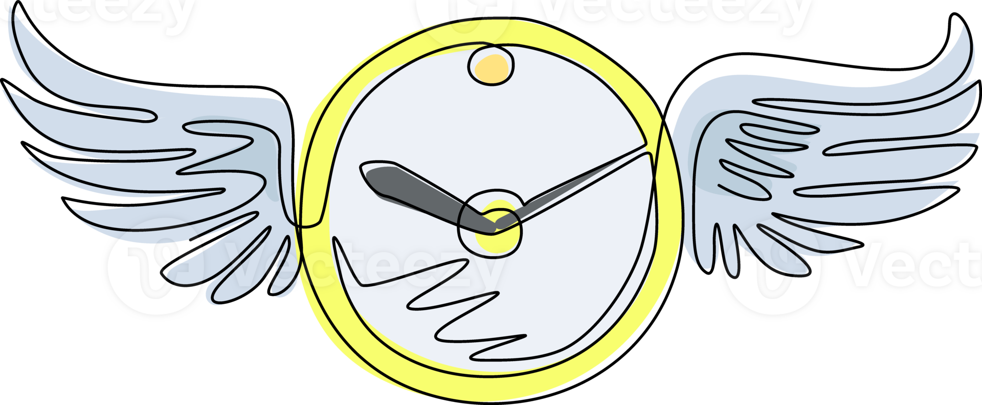 Single one line drawing clock with wings flying in the sky. Lost time concept. Time featuring winged clock flying in the sky. Time flies. Modern continuous line draw design graphic illustration png