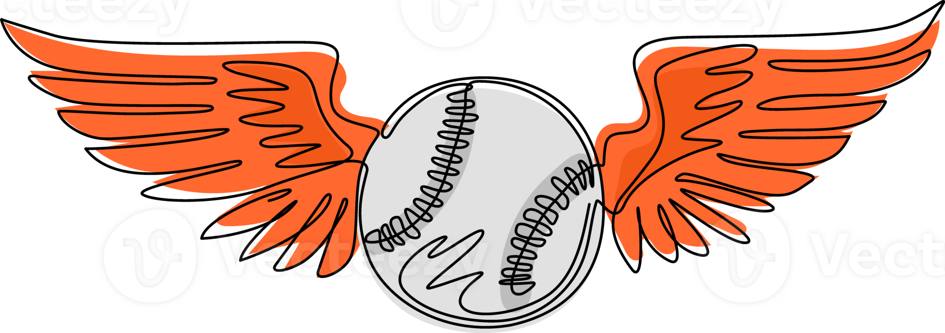 Single one line drawing baseball ball flying with angel wings. Realistic baseball emblem with raised up white wings, ball for sports design. Continuous line draw design graphic illustration png