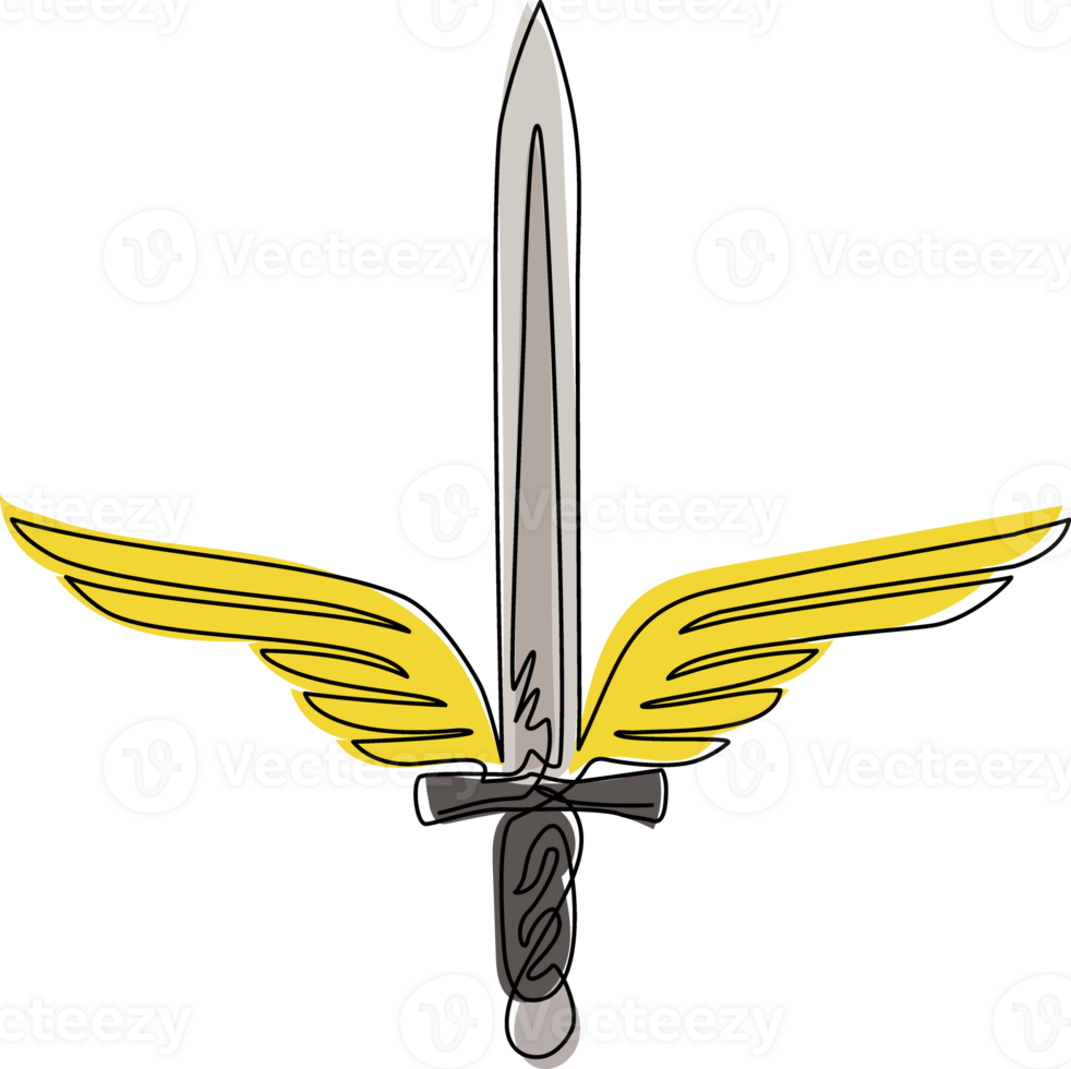 Single continuous line drawing sword wings icon template. Black and white winged sword logo with elegant outspread wings and feathers for logo design. Dynamic one line draw graphic illustration png