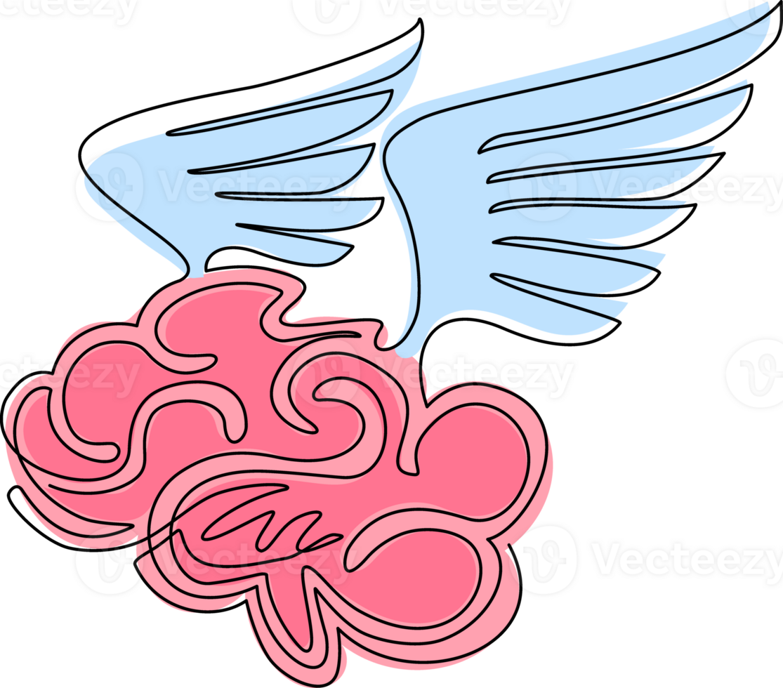 kontinuierlich einer Linie Zeichnung Gehirn mit Flügel fliegen im das Himmel. fliegend Gehirn Symbol. Gehirne von das Träumer. kostenlos Verstand Logo Vorlage Design Etikette Emblem. Single Linie zeichnen Design Grafik Illustration png