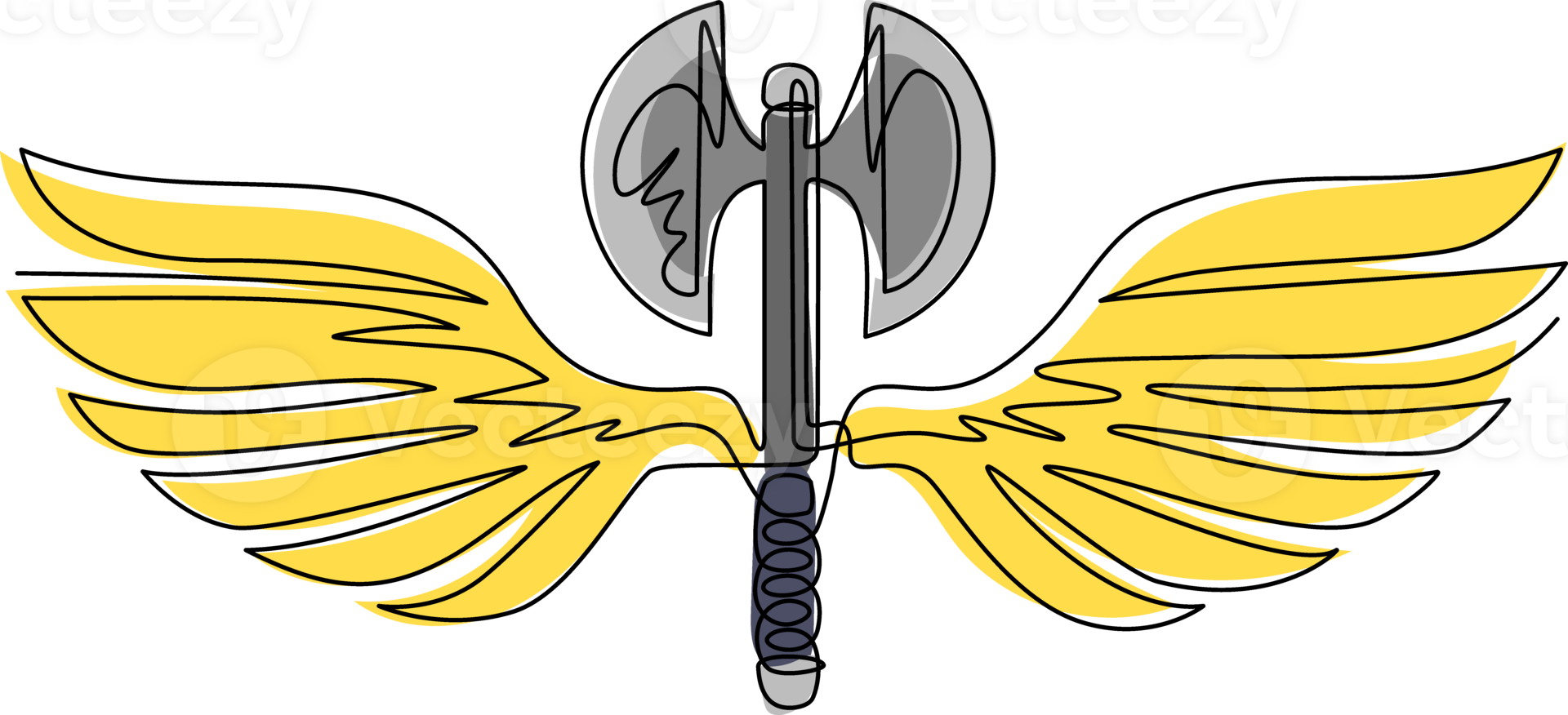 Continuous one line drawing axe wings icon template. Black and white winged axe logo with elegant outspread wings and feathers for logo design. Single line draw design graphic illustration png