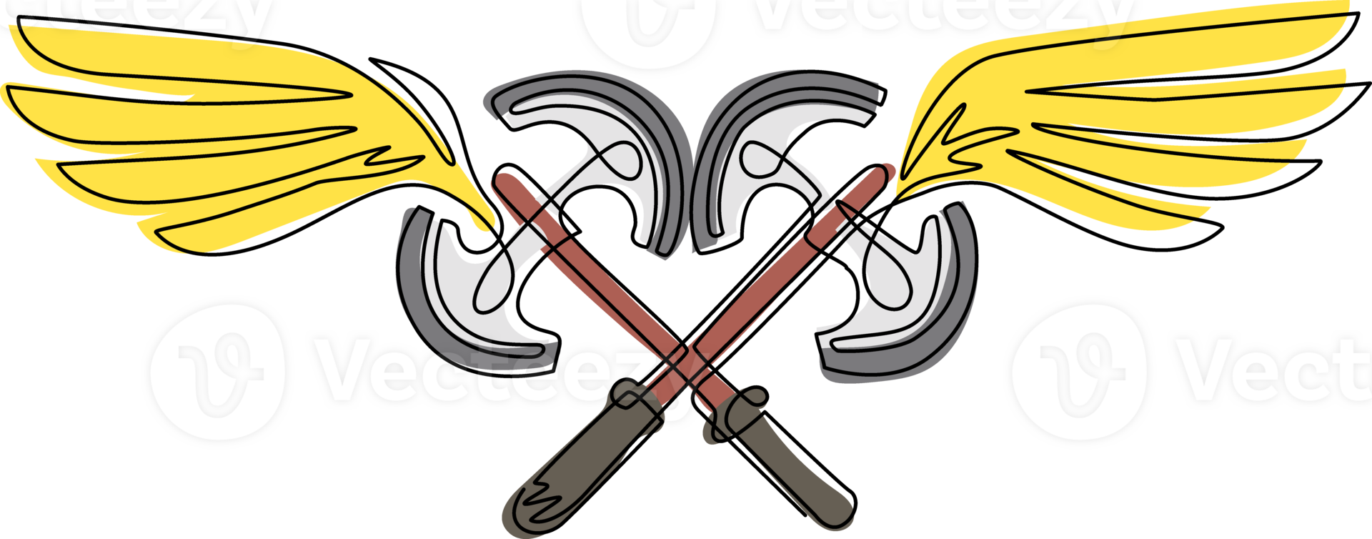 Single continuous line drawing flying two crossed axes. Weapon of medieval fantastic warrior. Winged two crossed axes logo with elegant outspread wings for logo design. One line draw graphic png
