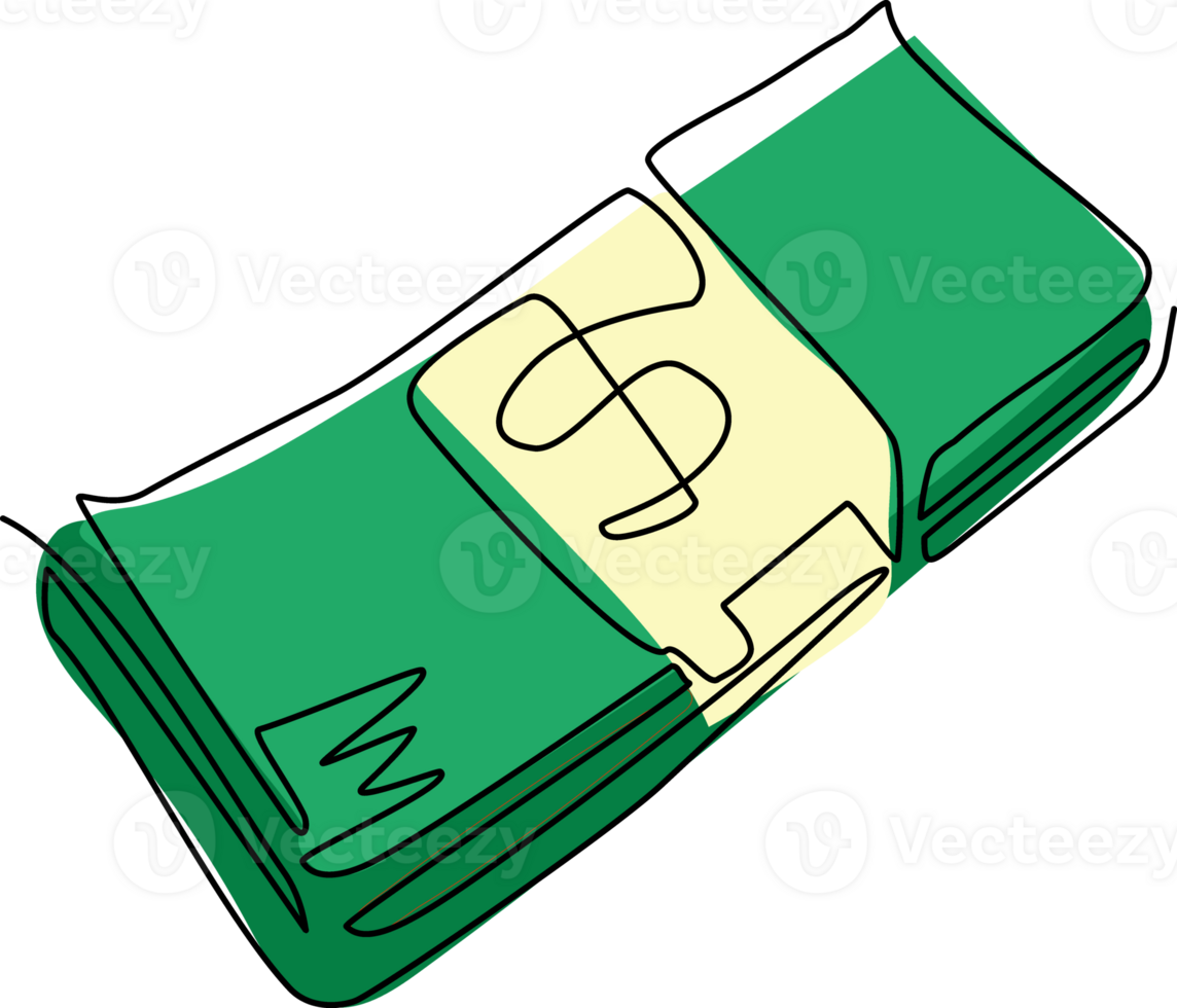 Single continuous line drawing money banknotes flat. Packing in bundles bank notes. Dollar in bundles, currency sign pack. Hundreds dollars cash, green paper bills. One line draw graphic design png