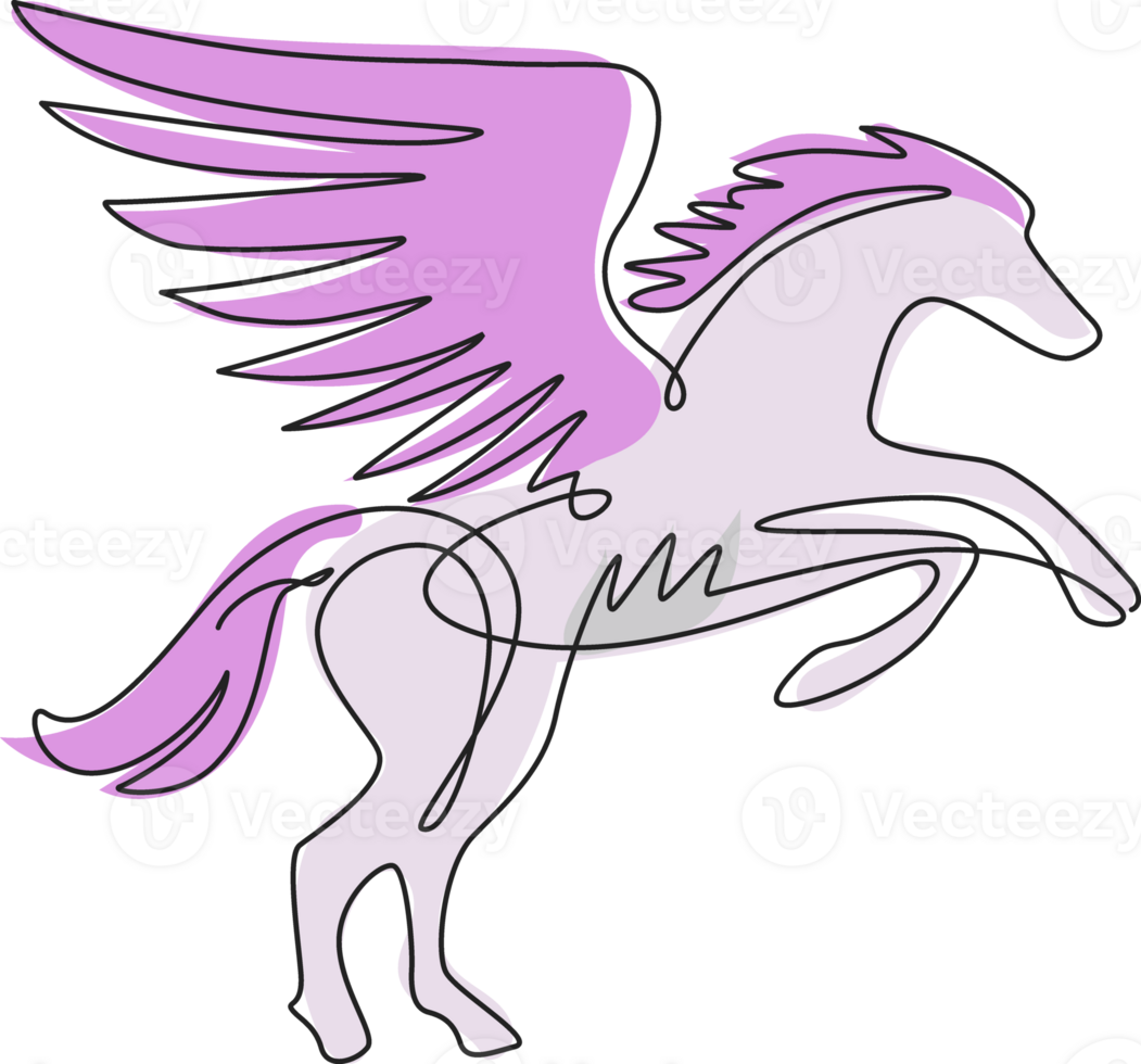 Single continuous line drawing pegasus winged stallion mythical animal icon. Silhouette of heraldry horse with mane. Horse logo with wing standing pegasus unicorn. One line draw graphic design png