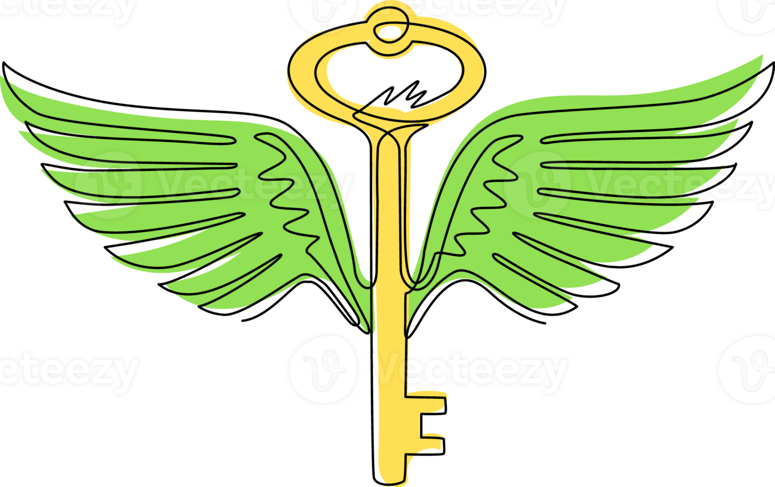 Single one line drawing winged vintage turnkey key isolated. Logo or sign symbolized kept secret. Personal data protection, antivirus internet security. Continuous line draw design illustration png
