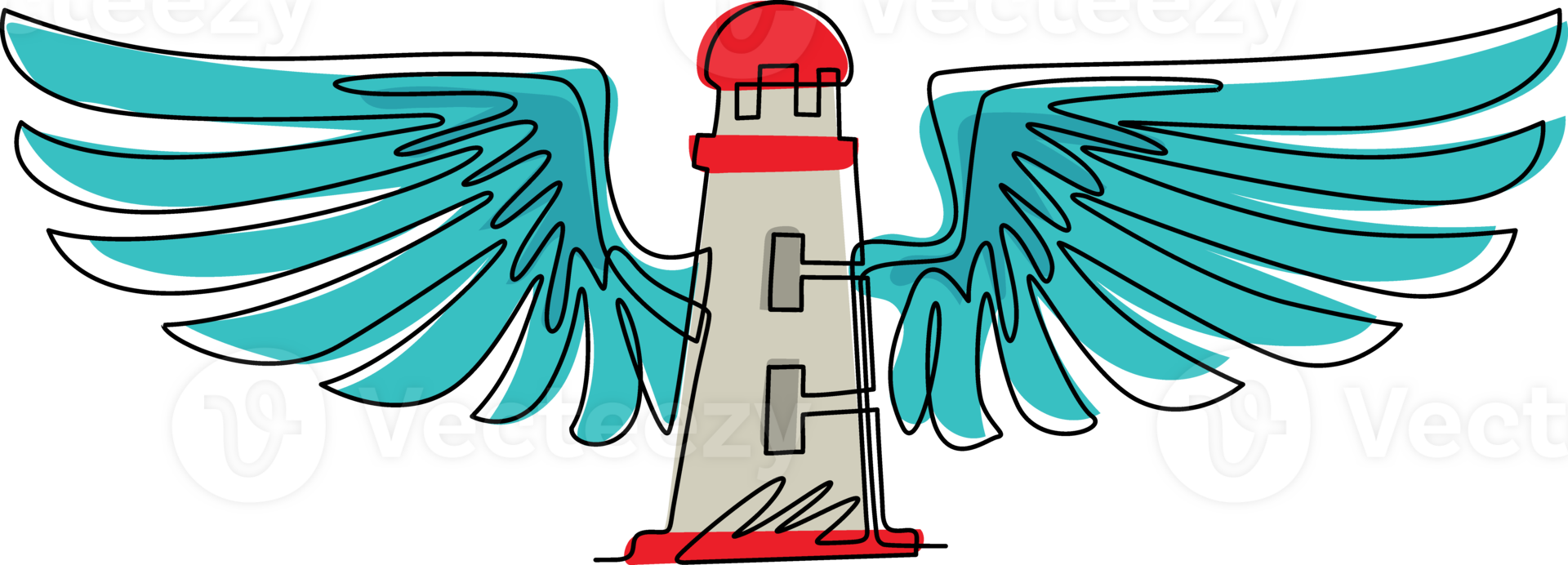 Single one line drawing hand drawn illustration of lighthouse with wings. Safe house artwork with wings. Template for card, poster, banner, print for t-shirt. Continuous line draw design graphic png