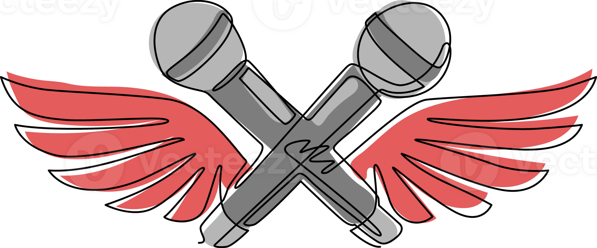 Continuous one line drawing two crossed mic with wings. Karaoke party promotion poster design composed using musical notes. Rap battle concept, two stage microphones. Single line draw design png