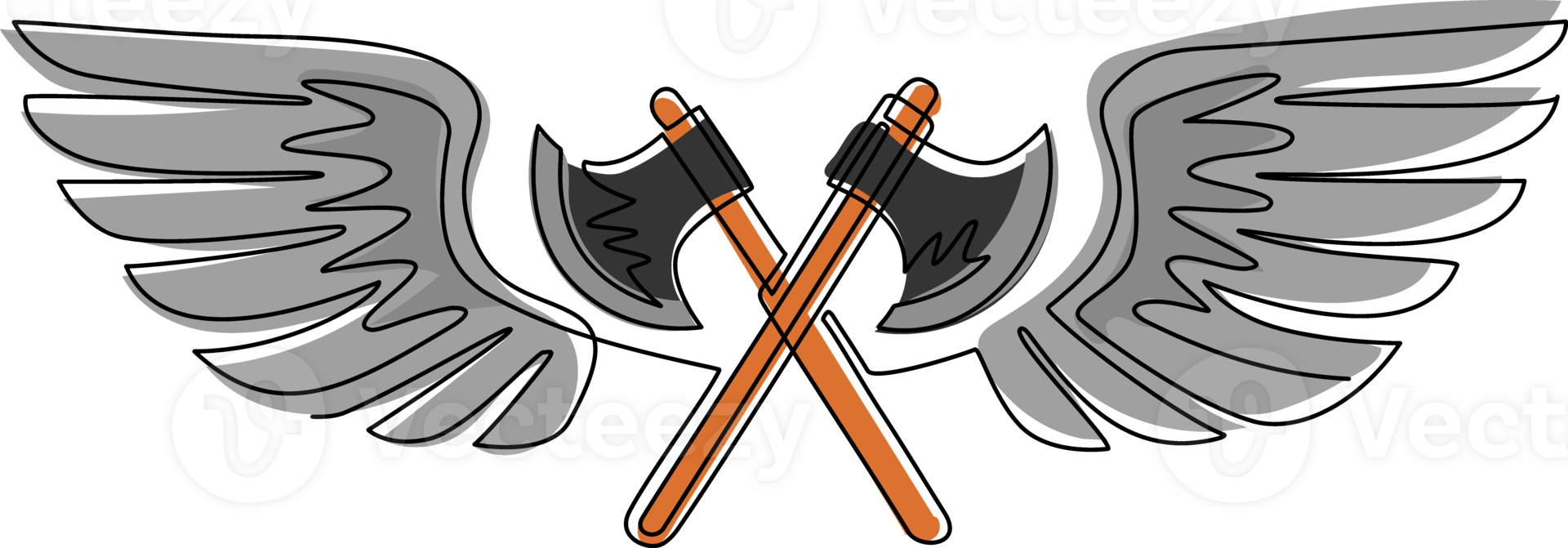 Single one line drawing two crossed axes fly with wings. Equipment for lumberjack or firefighter. Winged two crossed axes logo with elegant outspread wings for logo. Continuous line draw design png