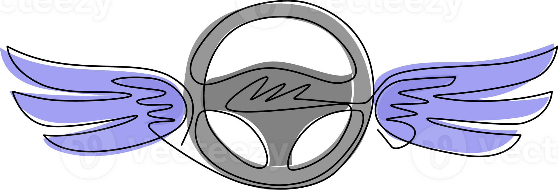 Continuous one line drawing steering wheel with wings. Driving school logo or symbol. Design flat element for emblem, sticker, badge, label, icon. Single line draw design graphic illustration png
