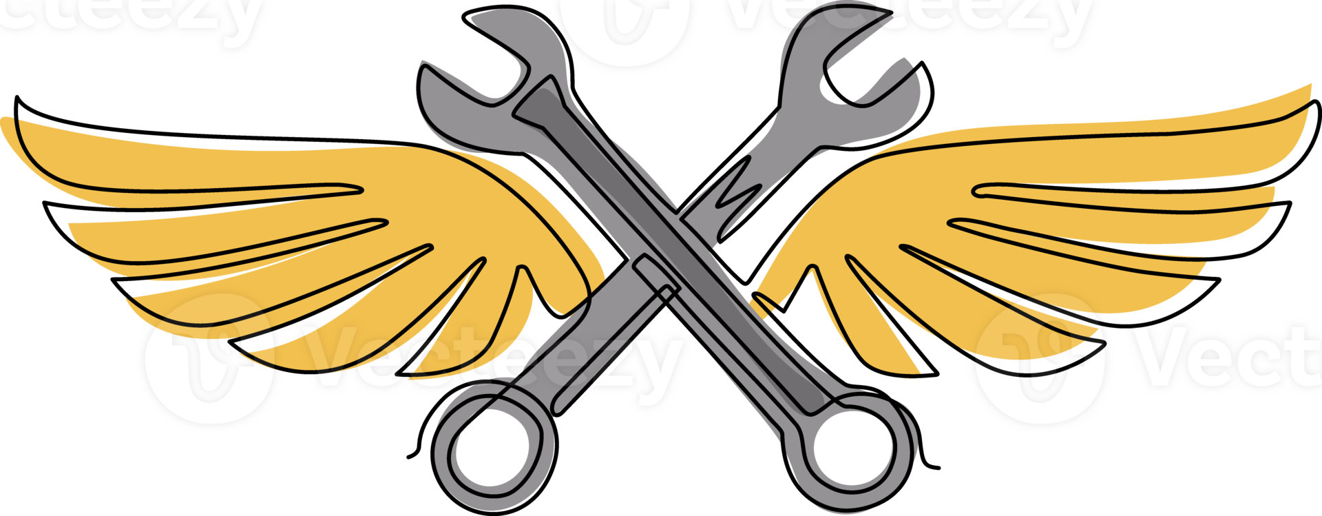 Single continuous line drawing two crossed wrench with wings. Auto mechanic car repair shop icon with wings. Fast car service, vehicle maintenance. One line draw graphic design illustration png