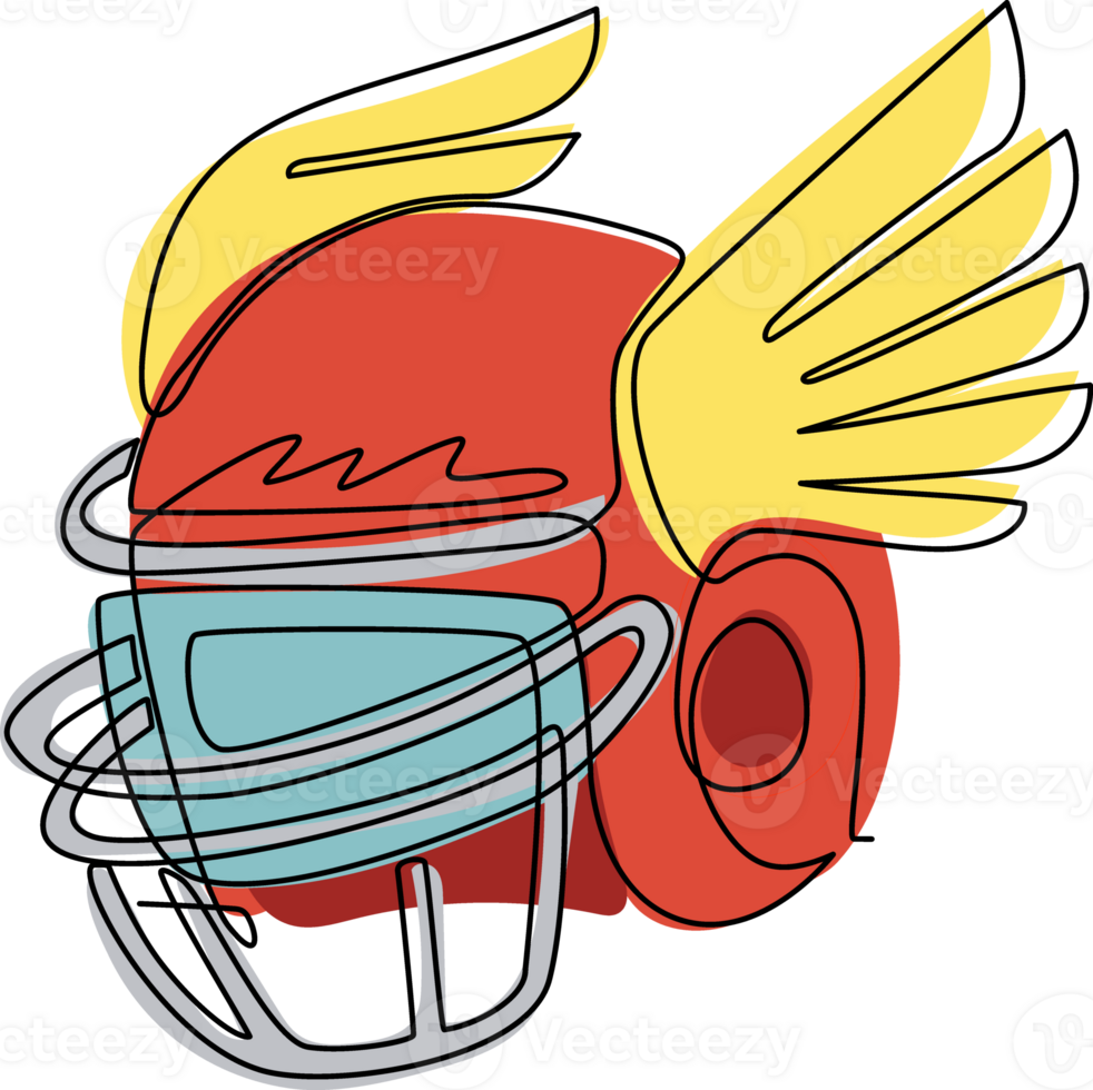 Continuous one line drawing american football helmet with wings. Competitive sport. Design element for logo, label, emblem, sign, poster, t-shirt. Single line draw design graphic illustration png