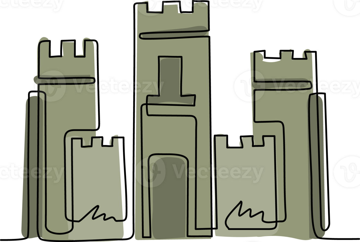 Continuous one line drawing knight's castle. Stone medieval fortress with tower, wall and gate. Protection from enemies. Reliability and defense of the city. Single line draw design graphic png