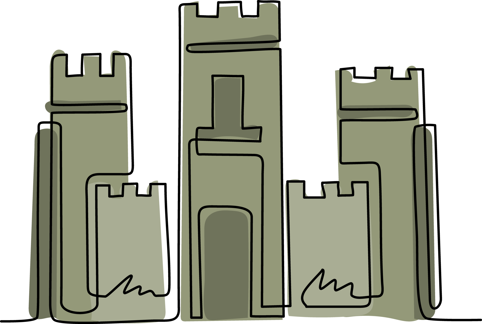 Continuous one line drawing knight's castle. Stone medieval fortress