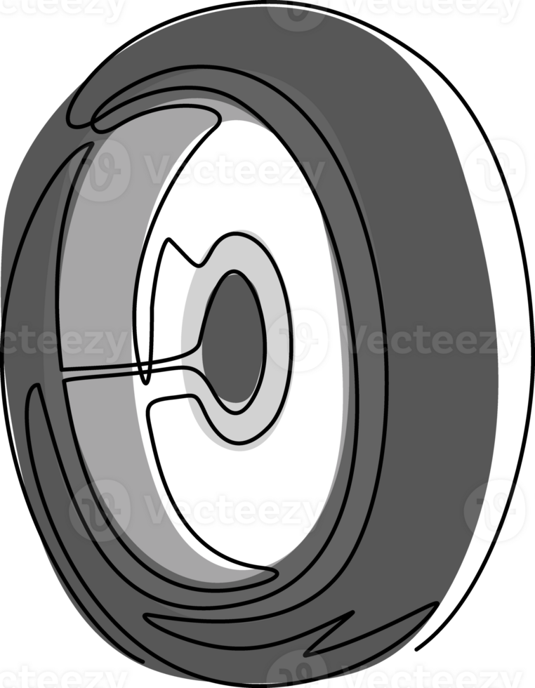 Continuous one line drawing car tires with alloy wheel rim, tire fitting service and sale advertisement poster. Disk car wheel tyre flat isolated. Single line draw design graphic illustration png