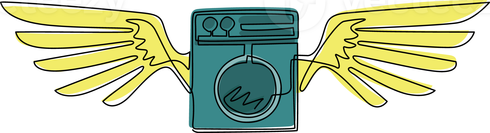 Single continuous line drawing modern laundry machine with wings. Electric clothing wash and cleaning service. Editable design for shop, store, business company. Dynamic one line draw graphic png