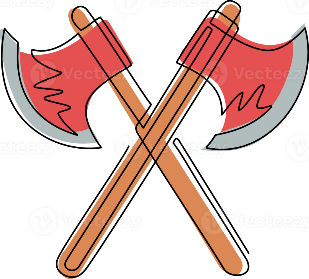 Single one line drawing lumberjack axes crossed icon. Crossed axes isolated . Design element for logo, label, emblem, sign, poster. Modern continuous line draw illustration png