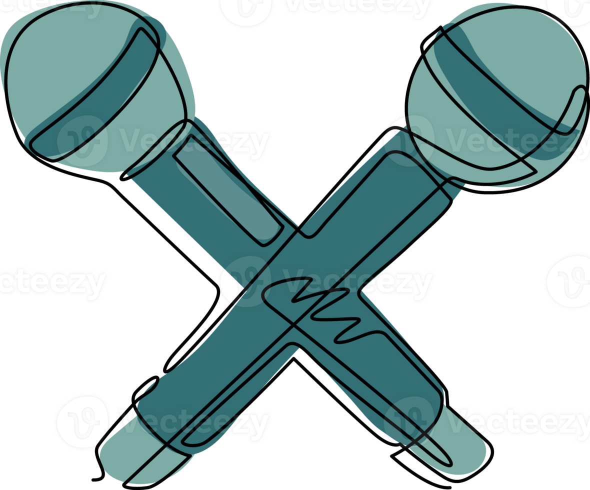 enda kontinuerlig linje teckning två mikrofoner korsade logotyp. social media inflytande, sändningar begrepp. karaoke fest, rap slåss, audio Utrustning. ett linje dra grafisk design illustration png