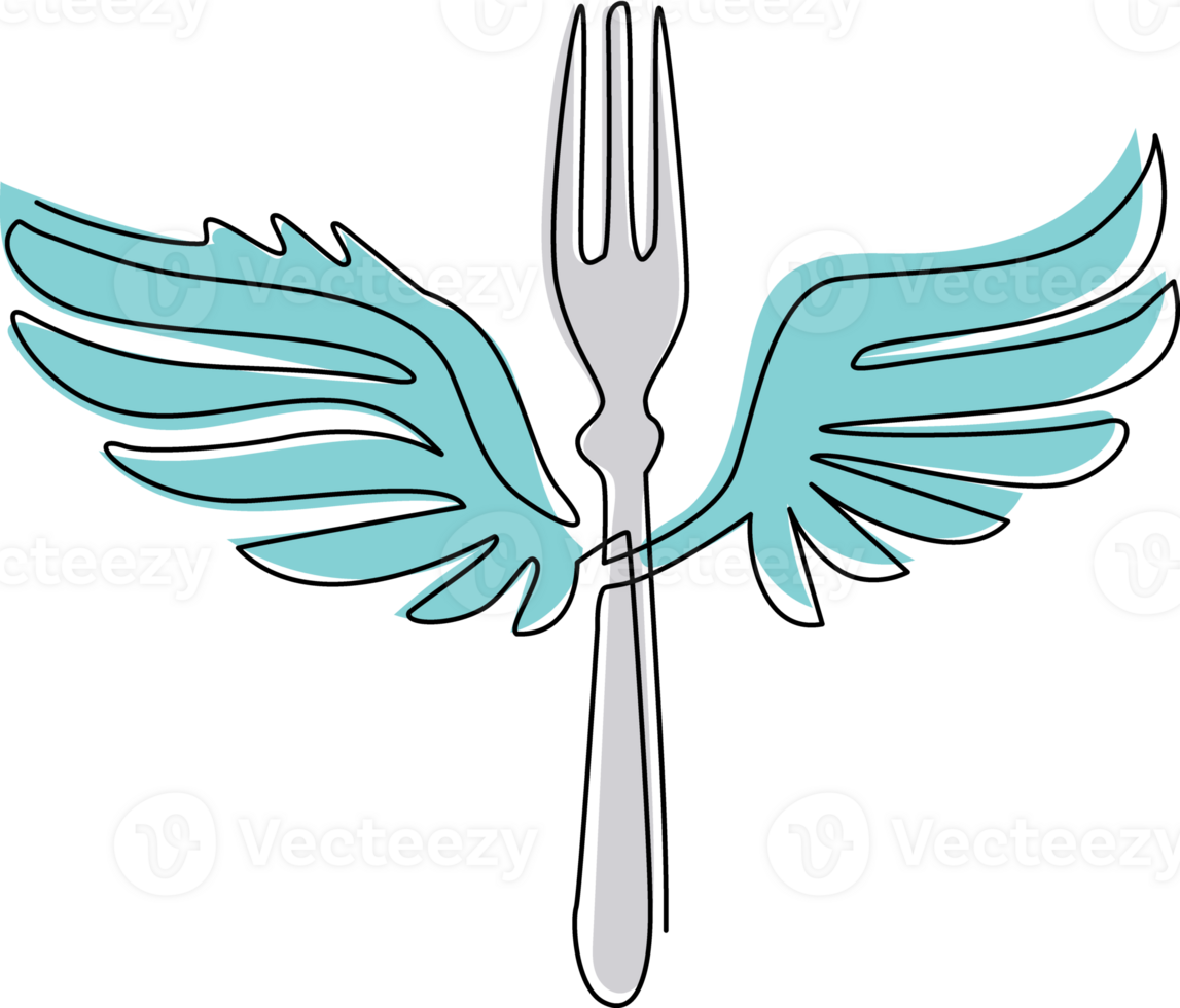 Single one line drawing food fork with wings fly flat logo symbol icon. Winged silhouette kitchen fork. Food business restaurant theme. Modern continuous line draw design graphic illustration png