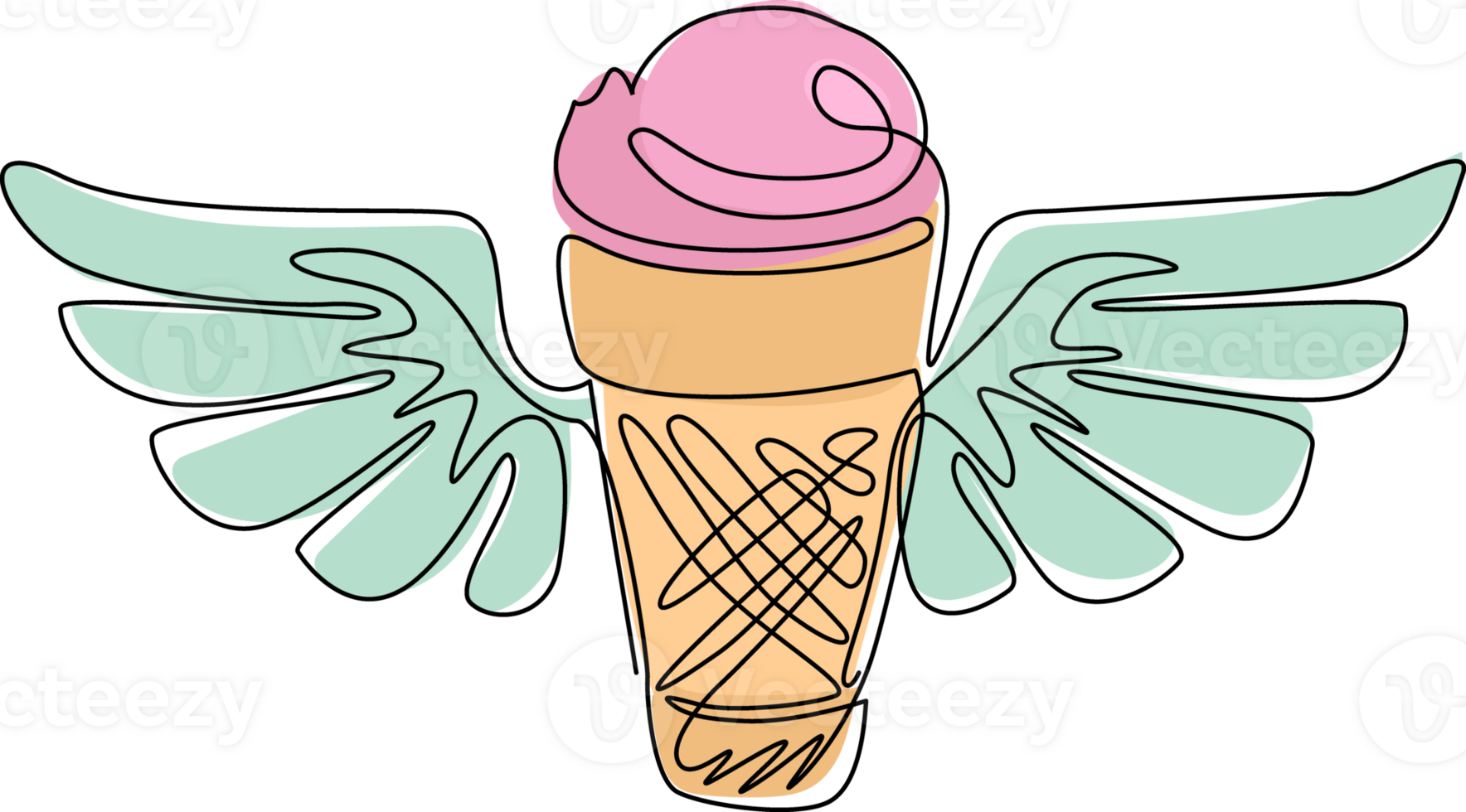 Single continuous line drawing ice cream cone with wings icon. Winged frozen ice cream logo for food business. Delicious dessert in summer. Dynamic one line draw graphic design illustration png