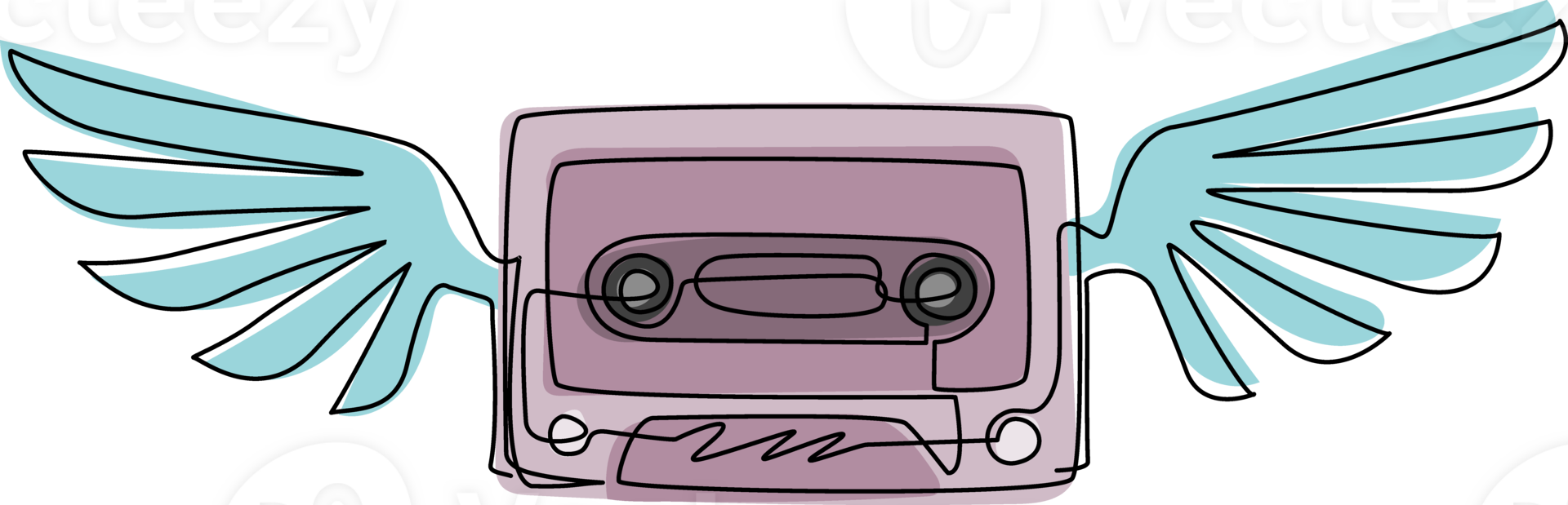 Single one line drawing retro cassette with wings sticker icon. Cassette tape music angel wing fly logo template. Cassette angel with wings and flat style. Continuous line draw design graphic png