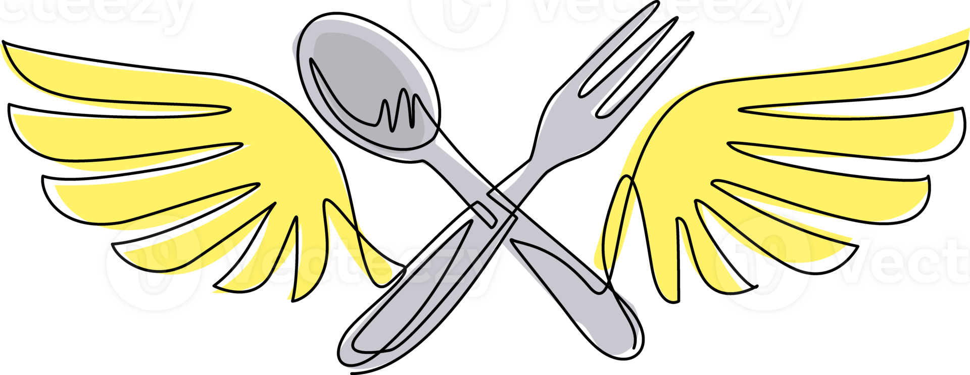 Single one line drawing fork spoon with wings logo icon. Delicious food delivery, catering business, fast food area symbol flat isolated. Modern continuous line draw design graphic illustration png