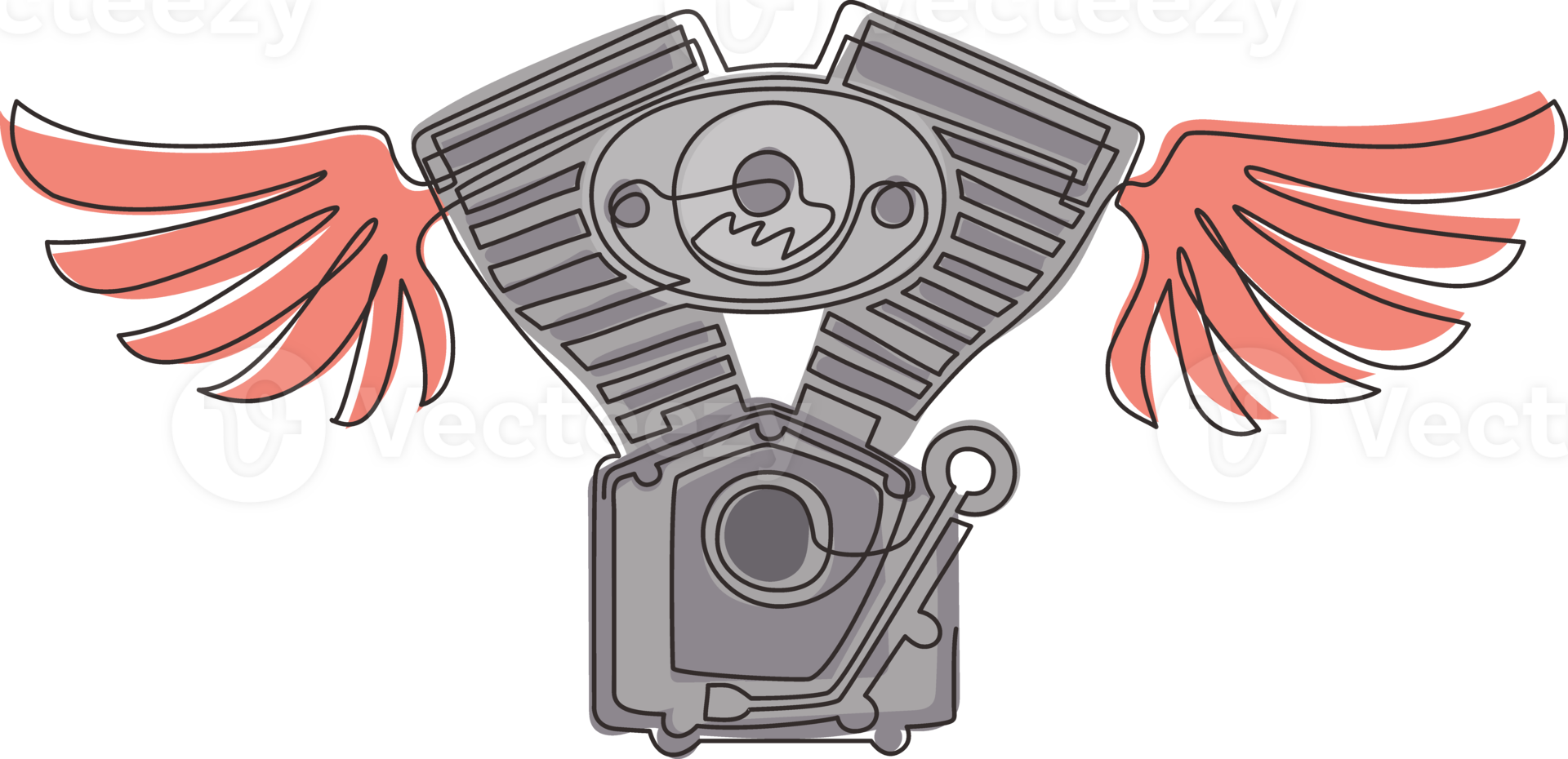 Single continuous line drawing motorcycle club logo with motor and wings, bikers club logo, custom motorcycles service icon. Motorcycle engine with wings. Dynamic one line draw graphic design png