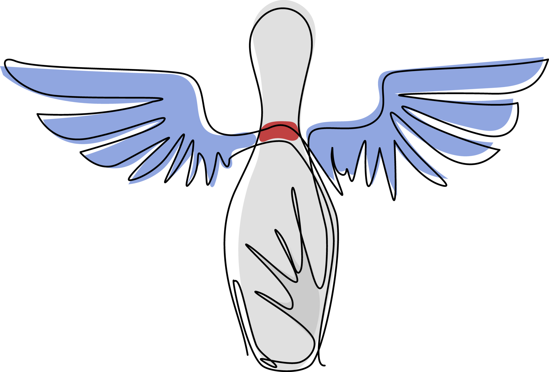 Continuous one line drawing bowling pin with wings sign icon. White