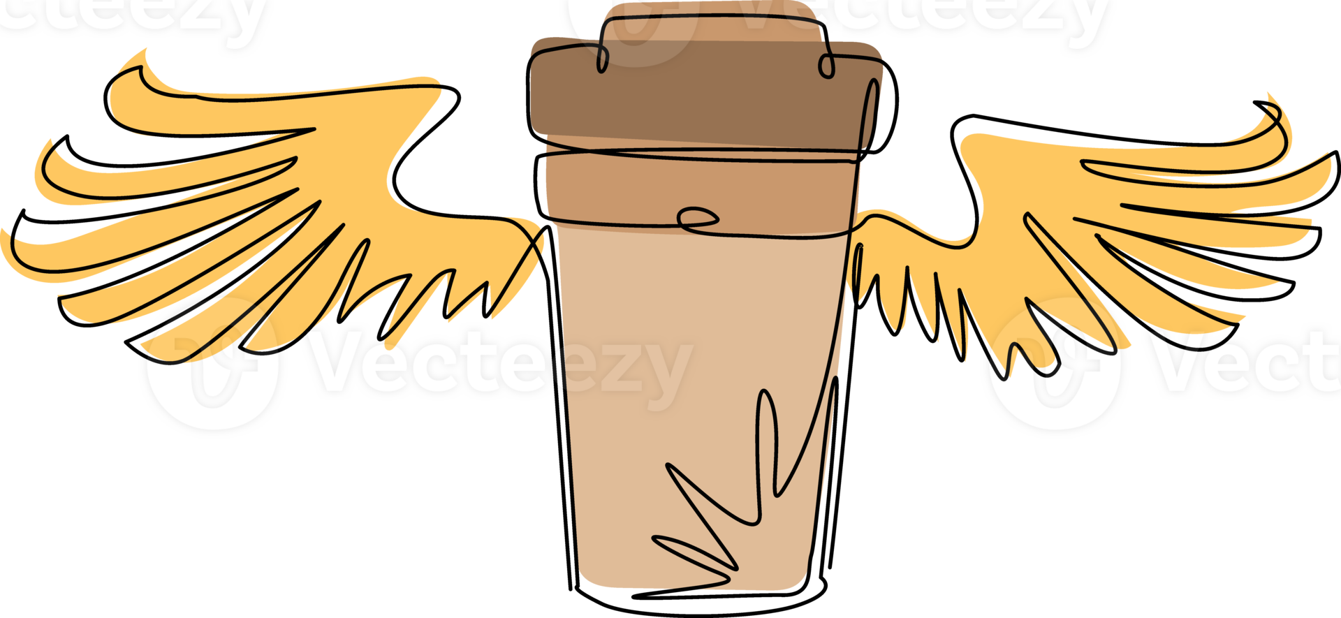 Single continuous line drawing take-out flying coffee cup with wings. disposable cardboard cup of coffee. Paper container icon. Fast food, lunch delivery program. One line draw graphic design png