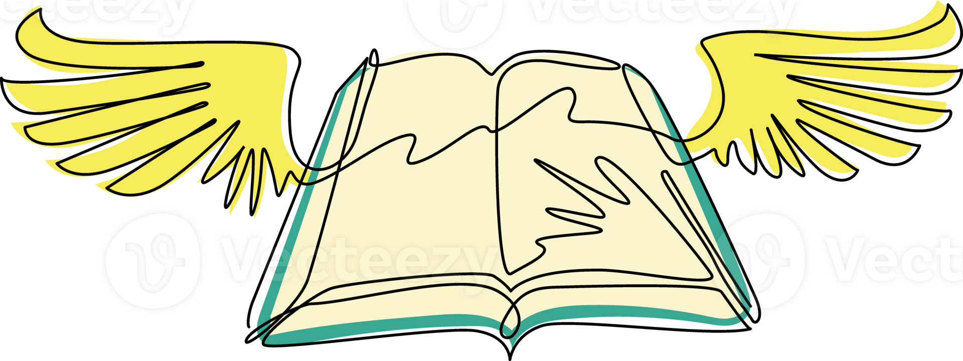 Continuous one line drawing flying book with wings. Winged book icon. Magic fairy tale reading logo. Imagination and inspiration picture. Fantasy. Creative kids. Single line draw design graphic png