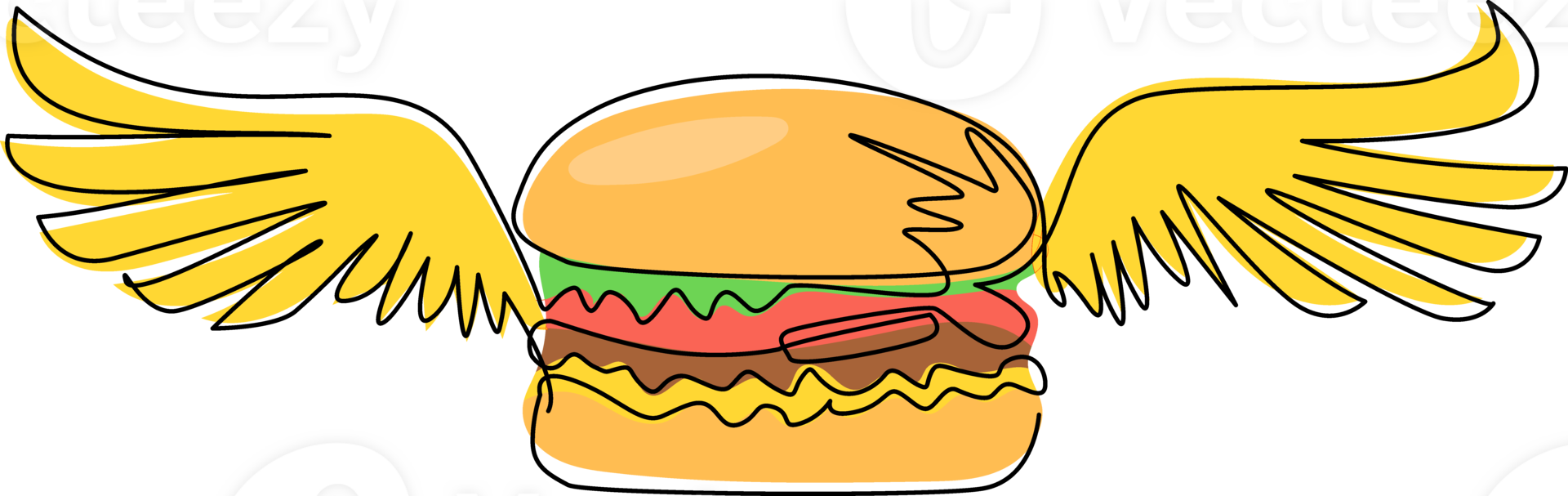 Single one line drawing burger with wings icon. Flat doodle hand drawn isolated. cheeseburger, hamburger, fast food creative concept. Modern continuous line draw design graphic illustration png