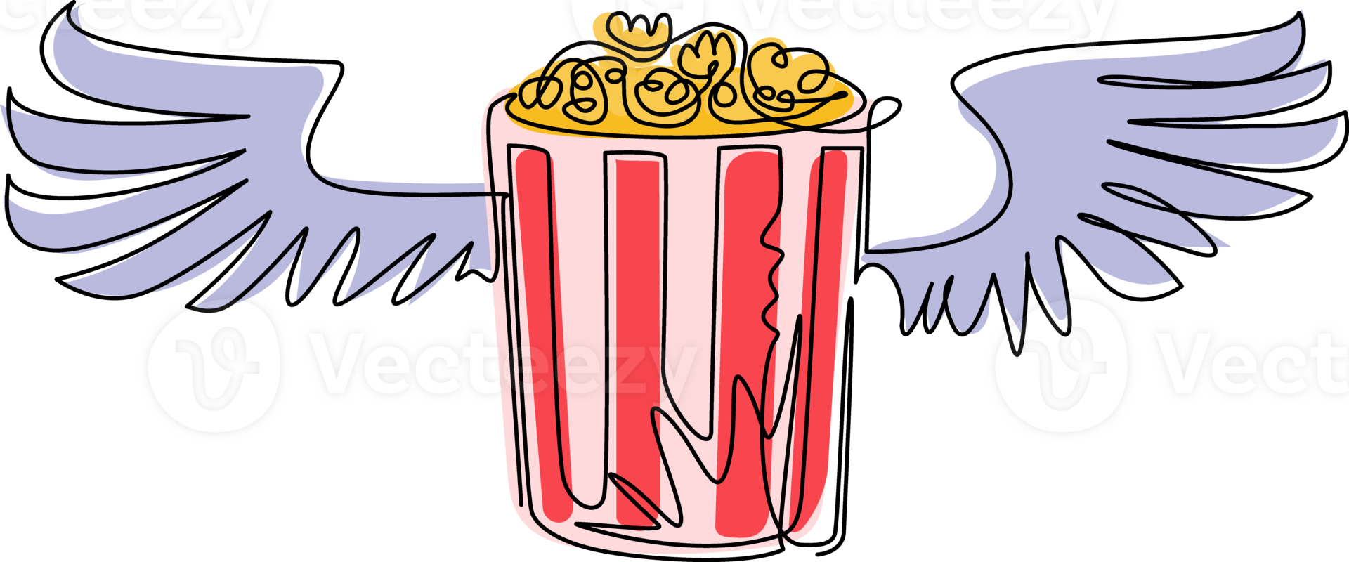 Single continuous line drawing full popcorn bucket with wings logo. Flyer, invitation, ticket, banner, poster, web page, label, design element or icon. One line draw graphic design illustration png
