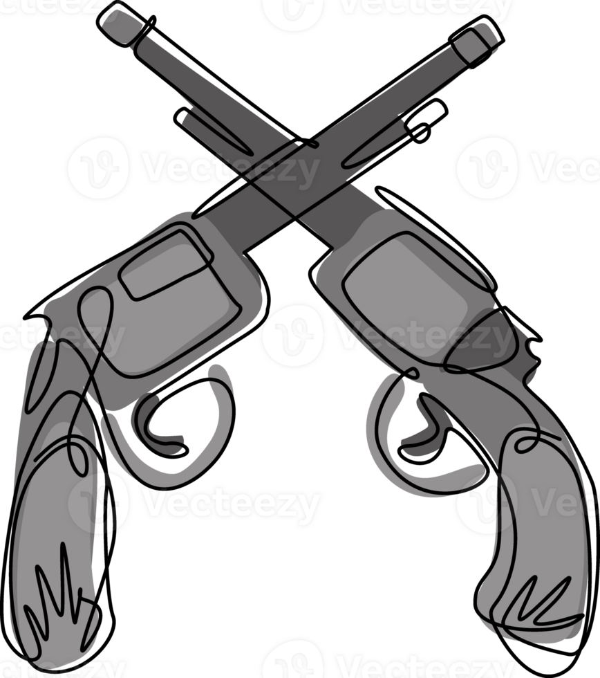 Single continuous line drawing pair of crossed pistol guns in vintage etched engraved style. Two crossed pistols isolated. Dynamic one line draw graphic design illustration png