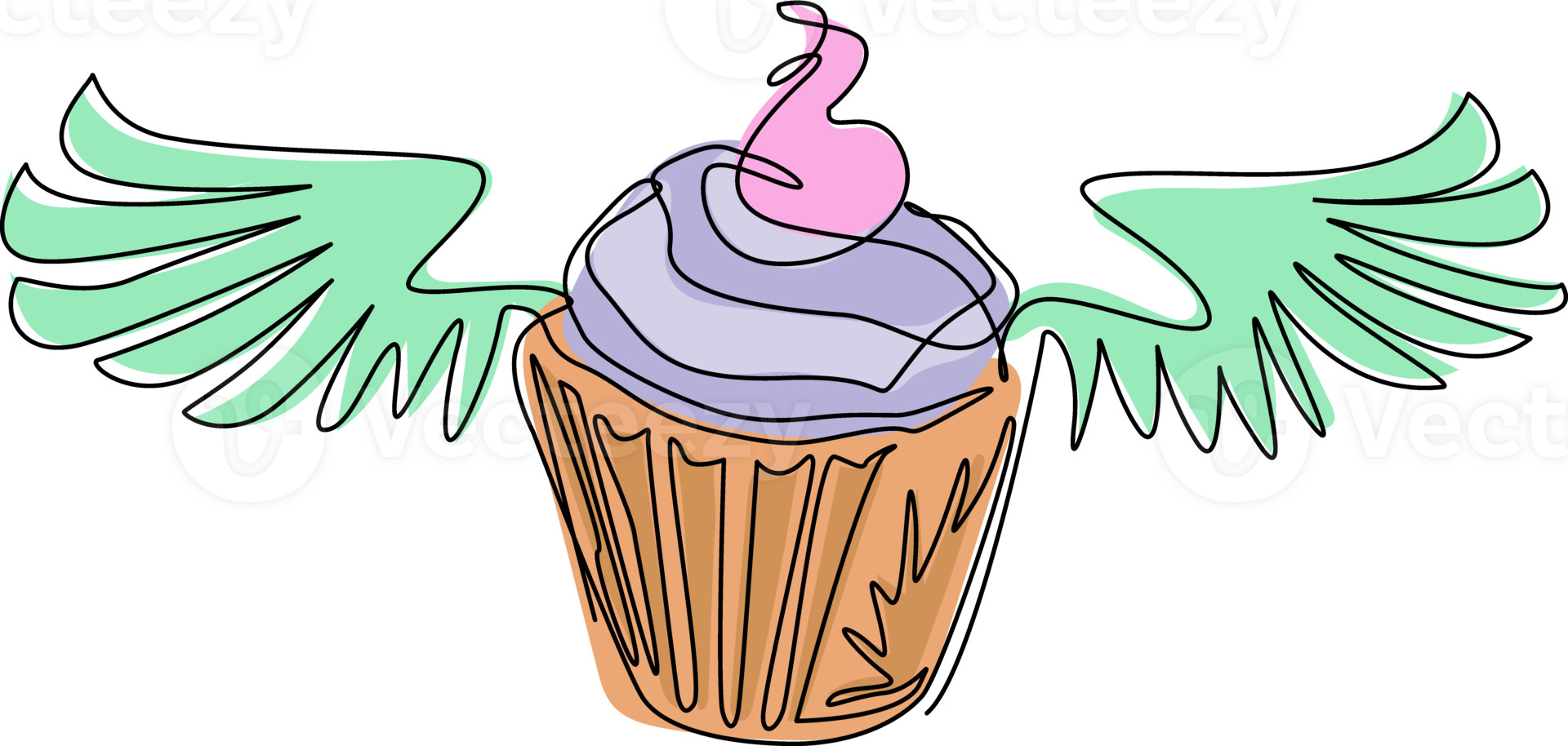 Single continuous line drawing delicious cupcake with wings icon symbol isolated. Winged minimal cupcake logo. Bakery cute mascot logotype. Dynamic one line draw graphic design illustration png