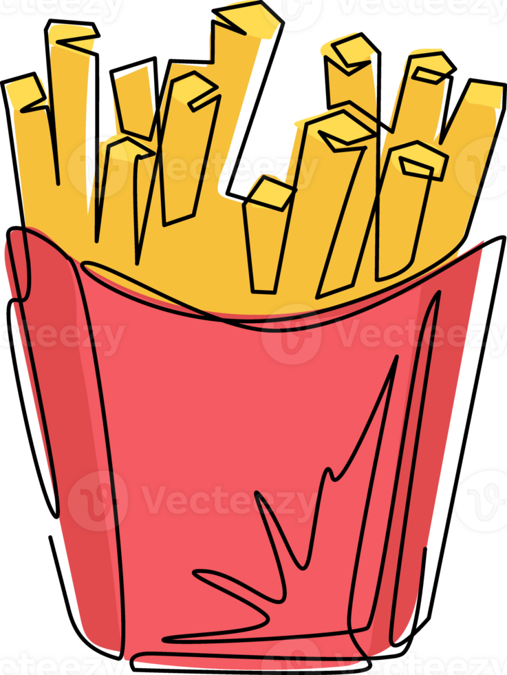 Single one line drawing french fries in paper box, isolated. Flat design icon logo symbol. Fat french fries fast food in red package. Modern continuous line draw design graphic illustration png