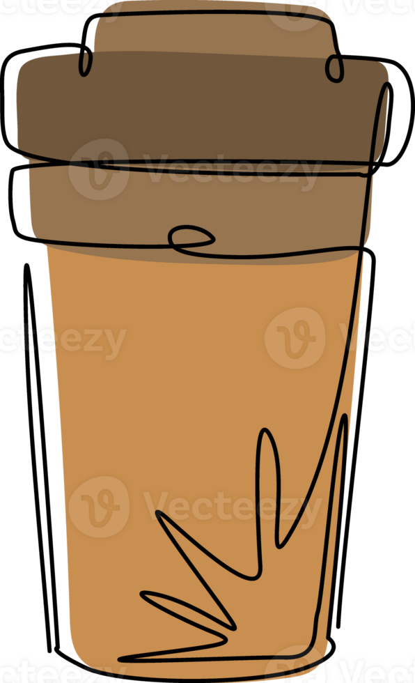 Single continuous line drawing coffee paper cup template with cardboard holder and plastic lid. Disposable takeout cafe package. Takeaway craft pack. One line draw graphic design illustration png