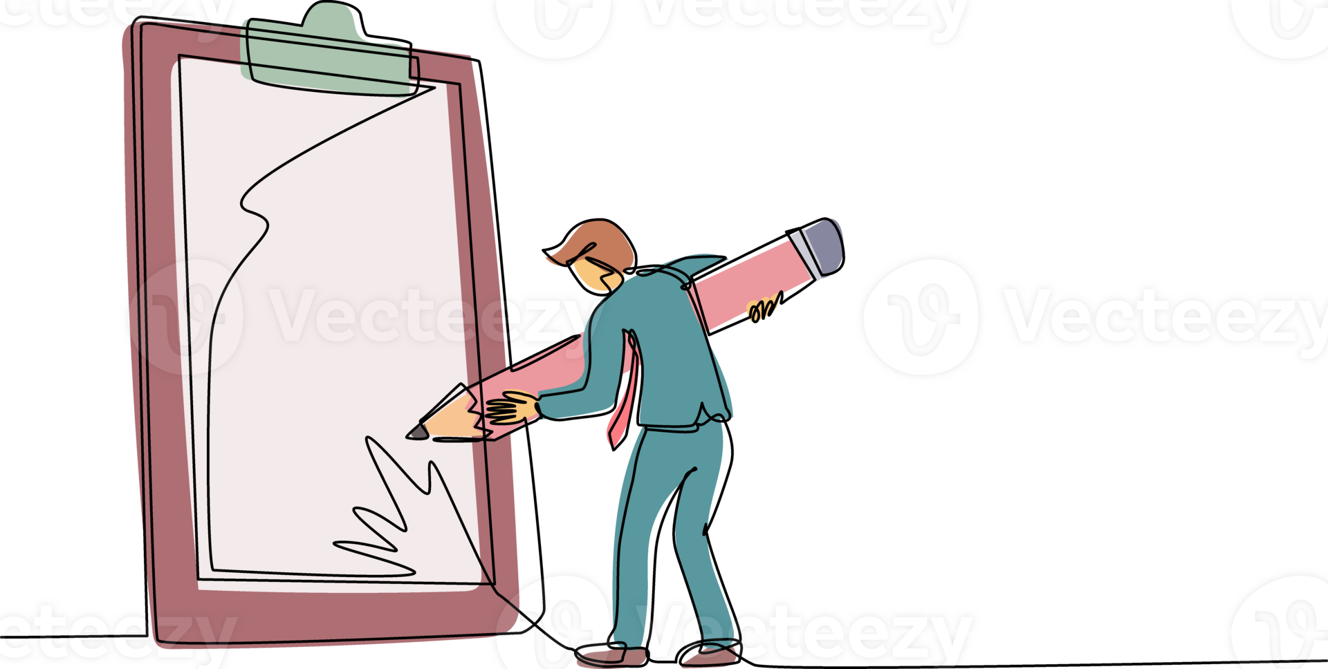 Single continuous line drawing businessman mark checklist with pencil. Person completion business task. Goal achievements planning schedule concept. One line draw graphic design illustration png