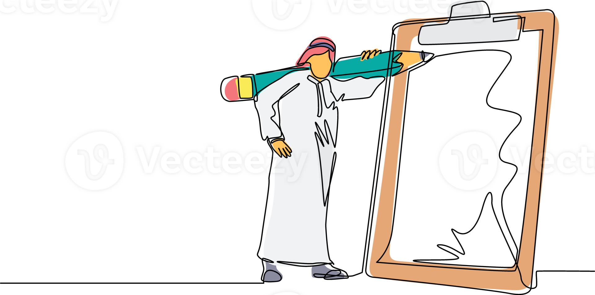 Single continuous line drawing Arabian businessman with giant pencil on his shoulder nearby marked checklist on clipboard paper. Successful completion of business tasks. One line draw design png