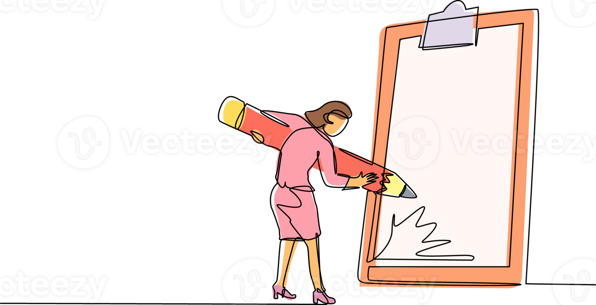 Continuous one line drawing businesswoman mark checklist with pencil. Person completion business task. Goal achievements planning schedule concept. Single line draw design graphic illustration png