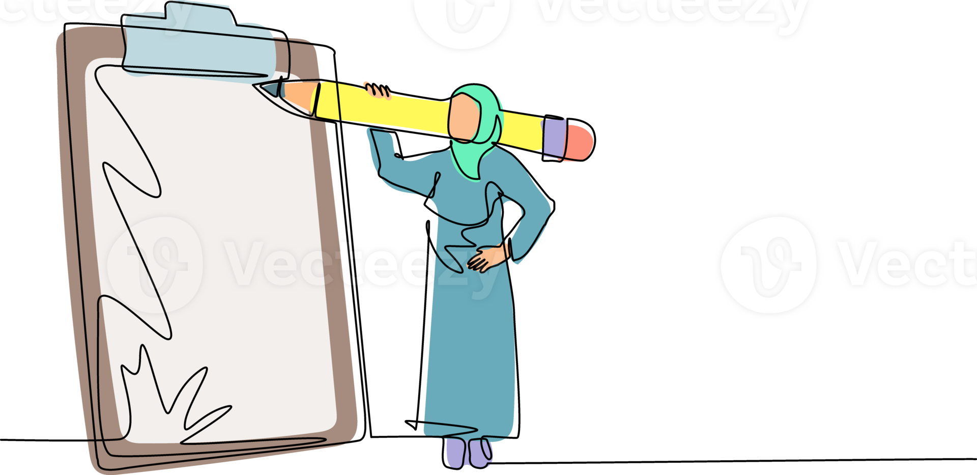 Single one line drawing Arabian businesswoman with giant pencil on her shoulder nearby marked checklist on clipboard paper. Successful completion of business tasks. Continuous line draw design png