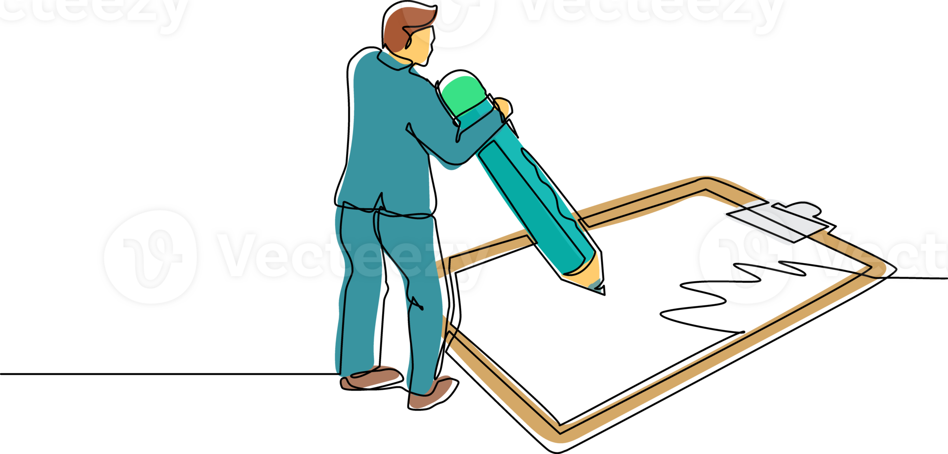 Single continuous line drawing businessman filled out questionnaire. Guy with pencil writes test. Man standing near big checklist. Male writes on clipboard. One line draw design illustration png