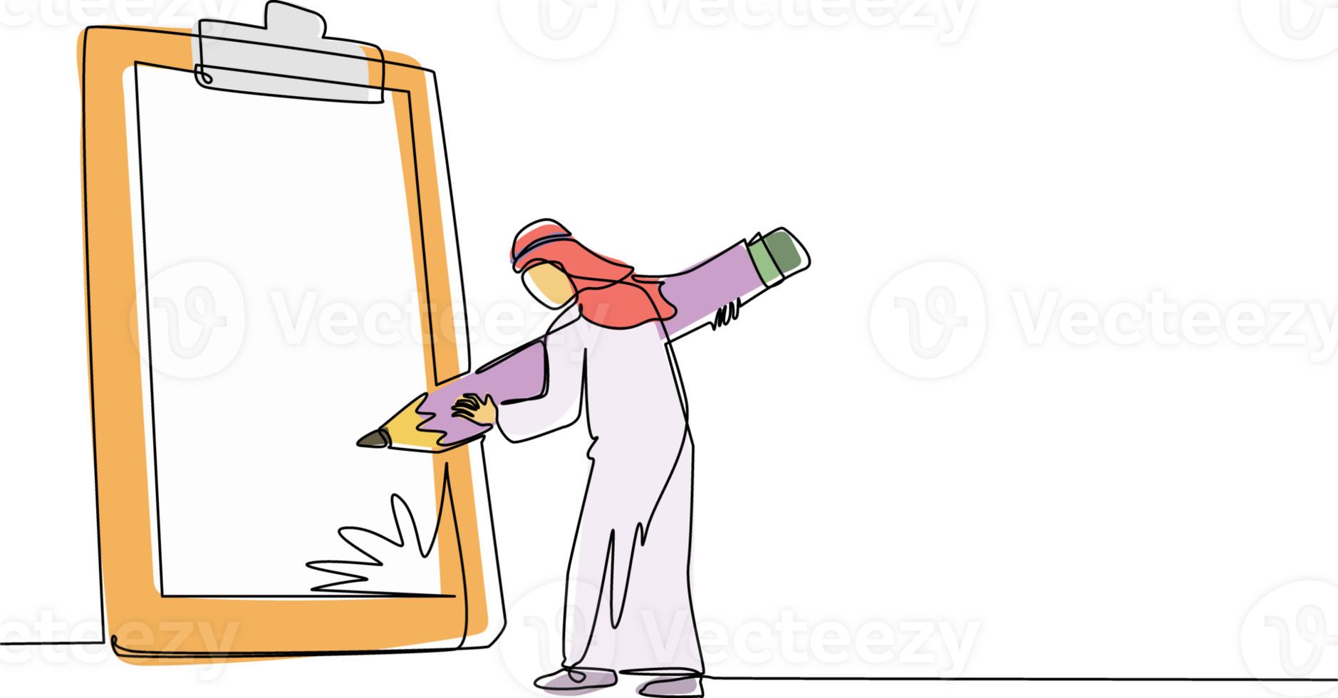 Continuous one line drawing Arab businessman mark checklist with pen. Person completion business task. Goal achievements planning schedule concept. Single line draw design graphic illustration png