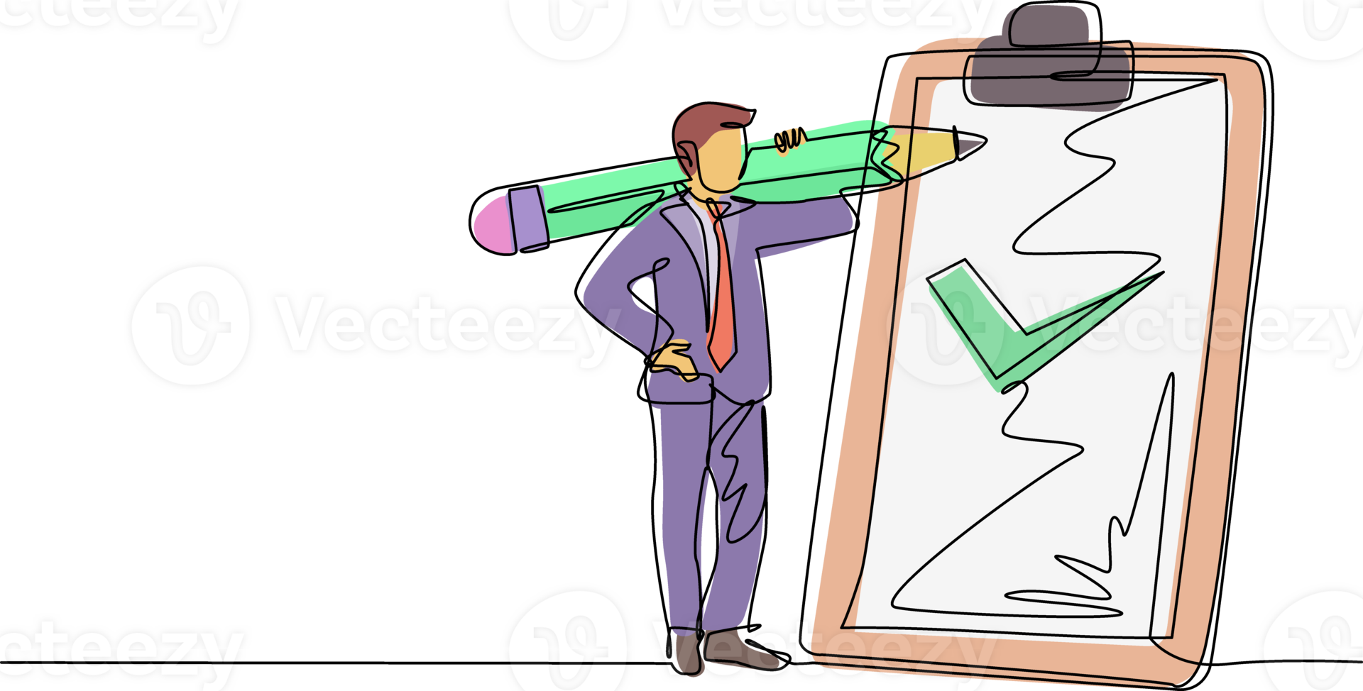 Single one line drawing positive businessman with giant pencil on his shoulder nearby marked checklist on clipboard paper. Successful completion of business tasks. Continuous line draw design png
