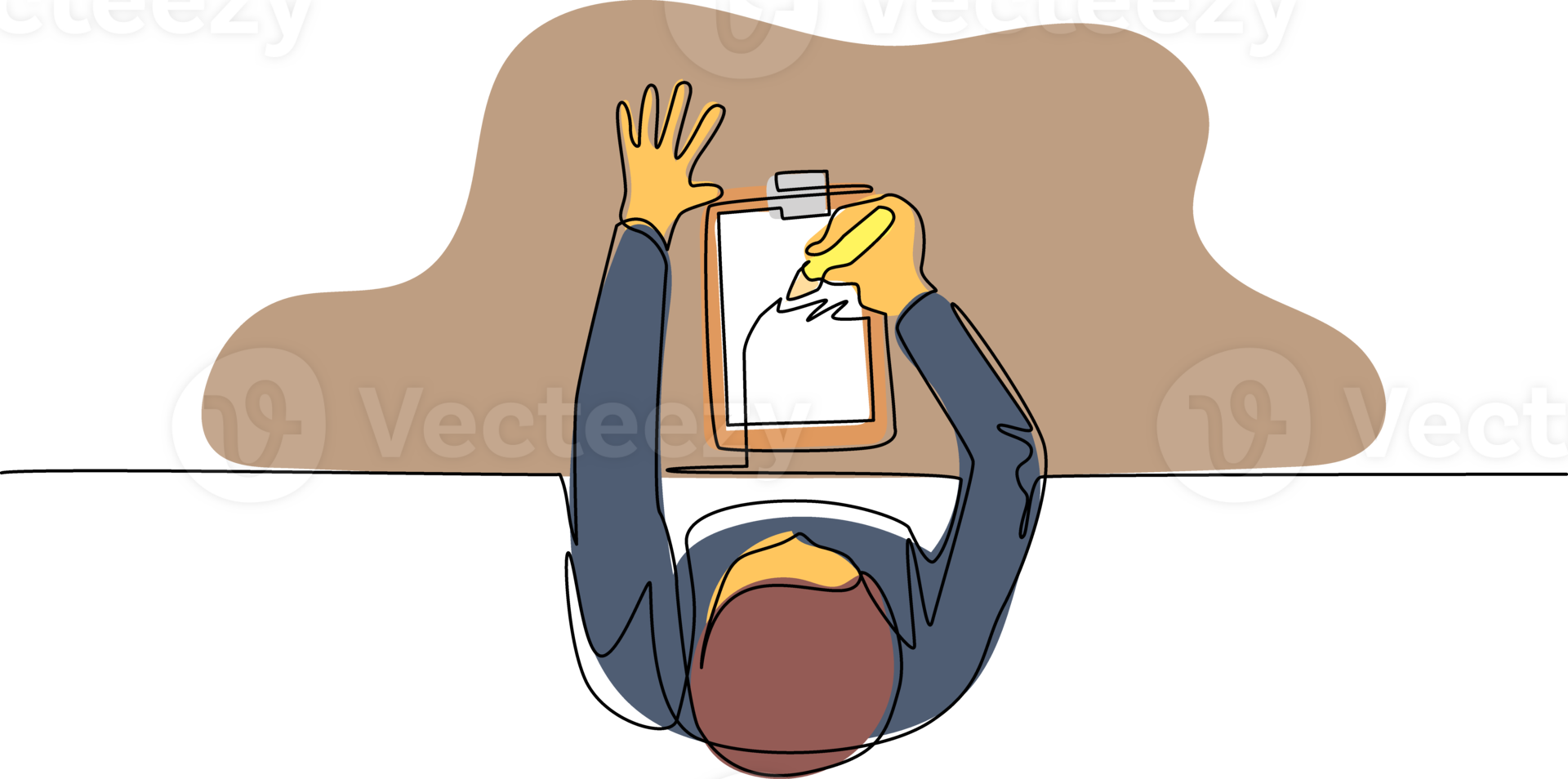 Continuous one line drawing top view of businessman writes completed checklist on clipboard. Concept of successful completion of tasks. Effective daily planning. Single line draw design graphic png